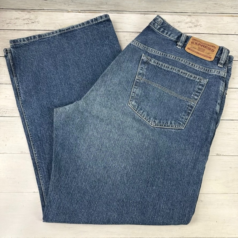 VTG Express Jeans Mens 38x30‎ Blue Precision Fit Bootcut Bleach Blast
